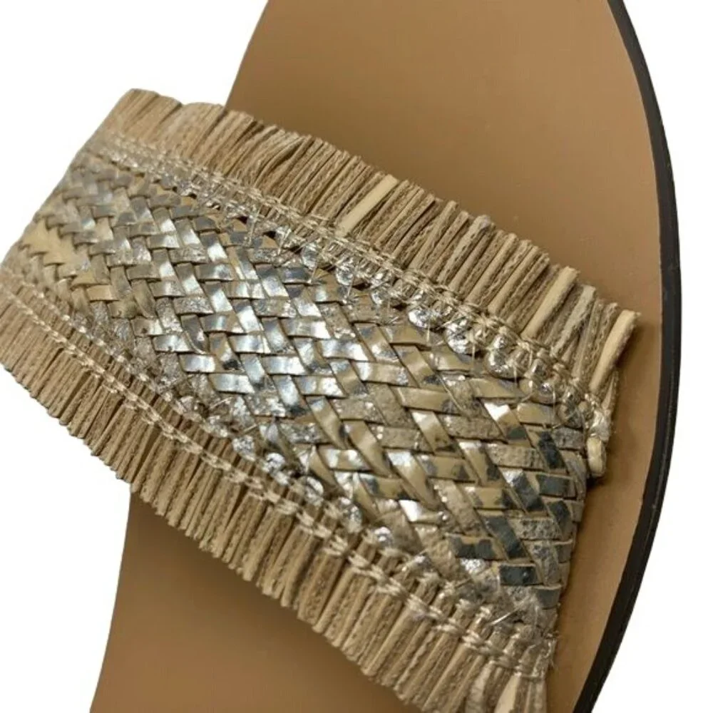 J. Crew Factory Raffia Ankle Strap Sandal Size 10 Boho Metallic Silver Tan Woven